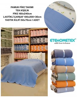 ETEHOMETEX HAVUZLU PİKE TAKIMI %100 PAMUK TEK KİŞİLİK MAVİ 8696474232087